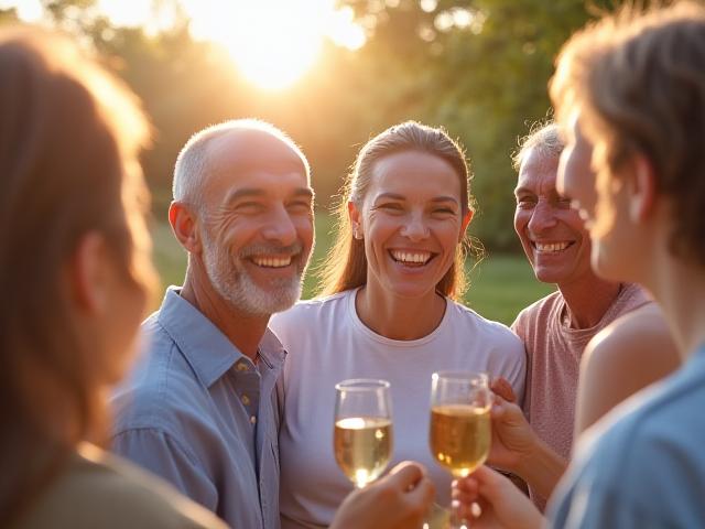 Un gruppo diversificato di persone adulte sorridenti che interagiscono e condividono idee in un ambiente sereno e naturale, simboleggiando la community di Radice Serena.